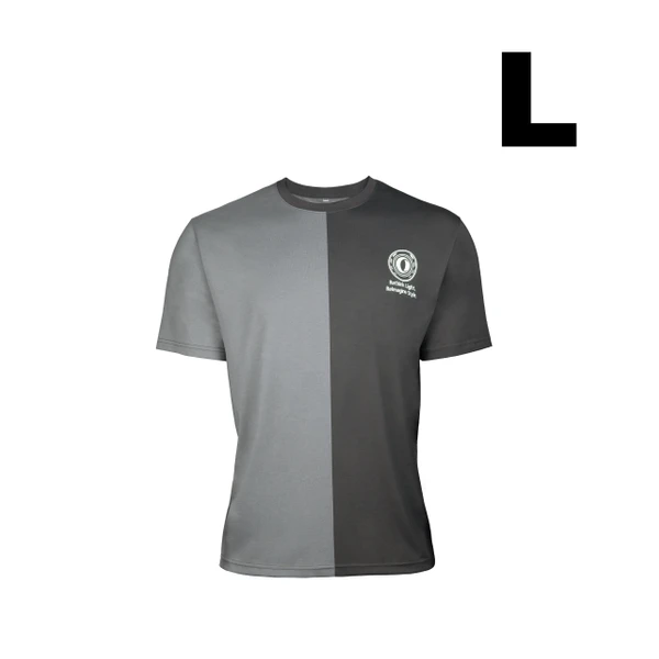 Two-tone gray t-shirt with "Rethink Light. Reimagine Style." logo, size L, on a white background.