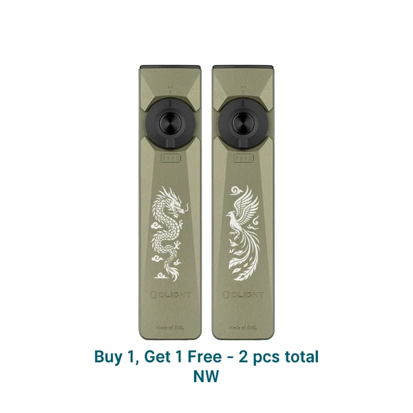 Olight Green Arkfeld Ultra Flashlights Front View featuring Dragon and Phoenix Engravings for EDC and Outdoor Use