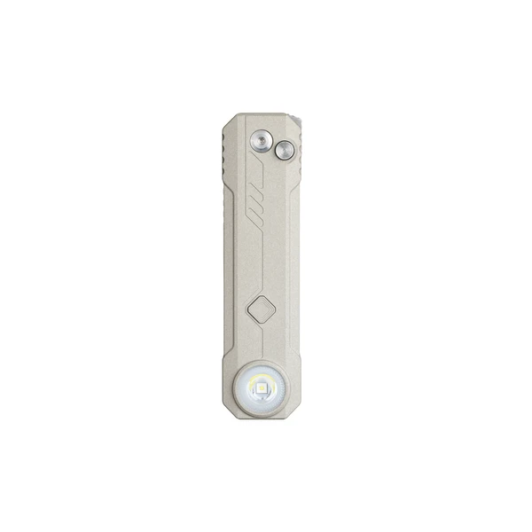 Compact beige flashlight with illuminated LED, side buttons, and textured grip for everyday carry