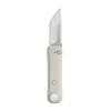 Gray tactical folding knife with built-in flashlight, sharp blade, durable handle.