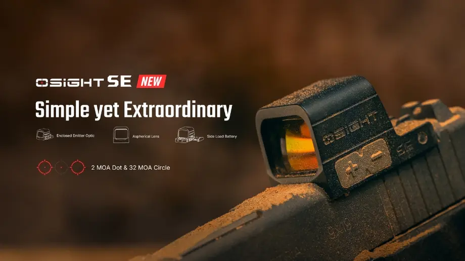 New OSIGHT SE pistol red dot sight: enclosed emitter, aspherical lens, side load battery, 2 MOA dot/32 MOA circle.