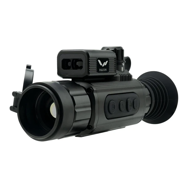 Falcon black thermal imaging monocular with laser rangefinder and control buttons on isolated white background