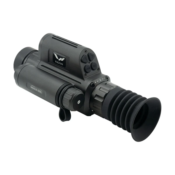 Falcon digital night vision scope with rubber eye cup and control buttons on white background