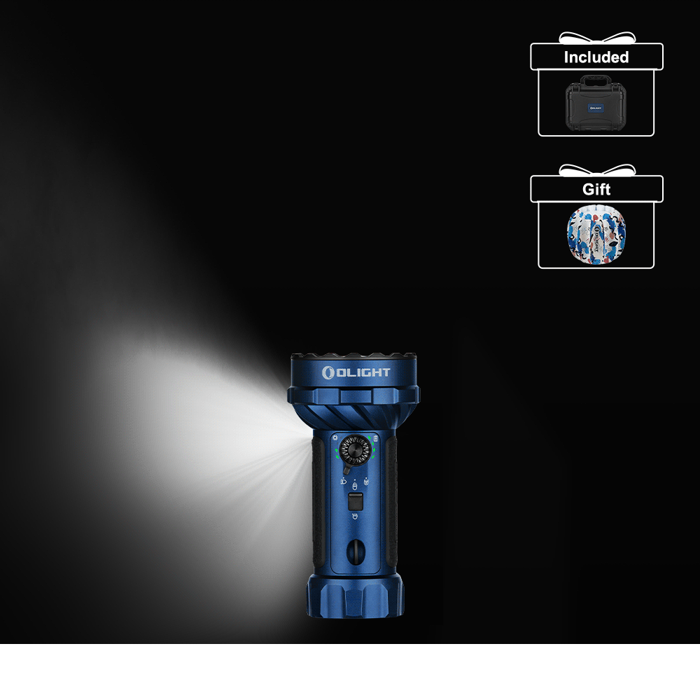Olight Marauder Mini 2 Blue Spotlight on a Dark Background with Gift and Included Items