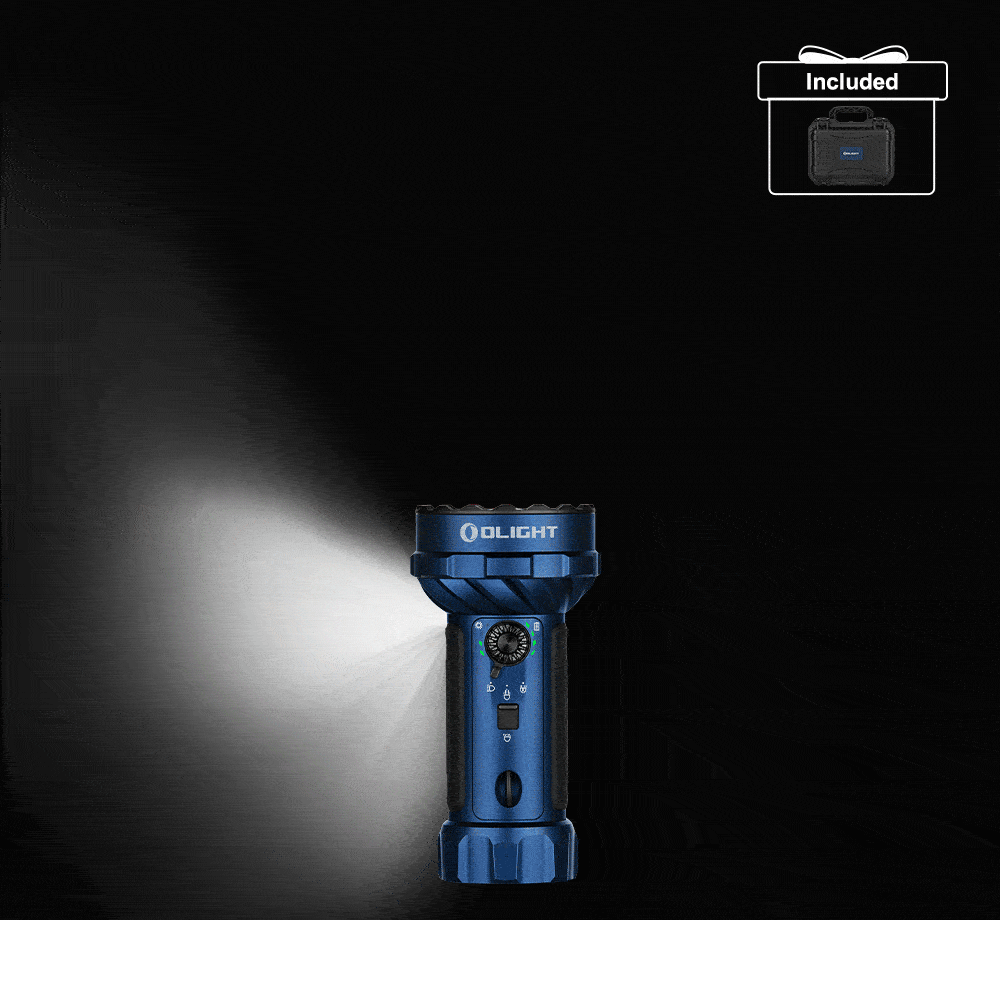 Olight Blue Marauder Mini 2 flashlight with beam showing bright illumination for search and rescue operations