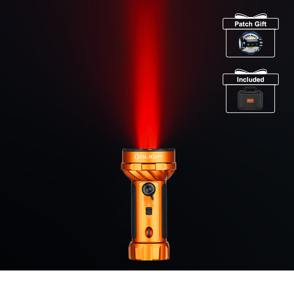 Olight Orange Marauder Mini 2 Flashlight Front View with Red Beam for Powerful Illumination and Search and Rescue
