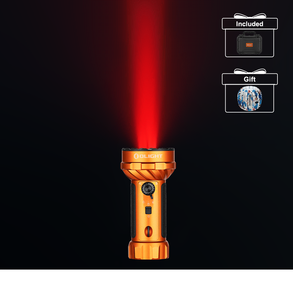 Olight Orange Marauder Mini 2 Flashlight with Red Light Beam for Night Vision and Signaling