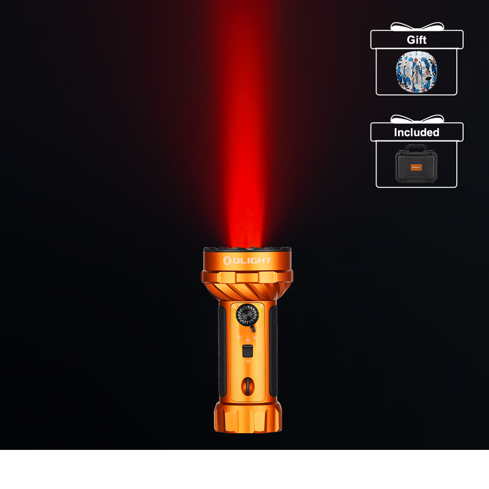 Olight Orange Marauder Mini 2 flashlight projecting a red beam, with a gift included, for tactical use