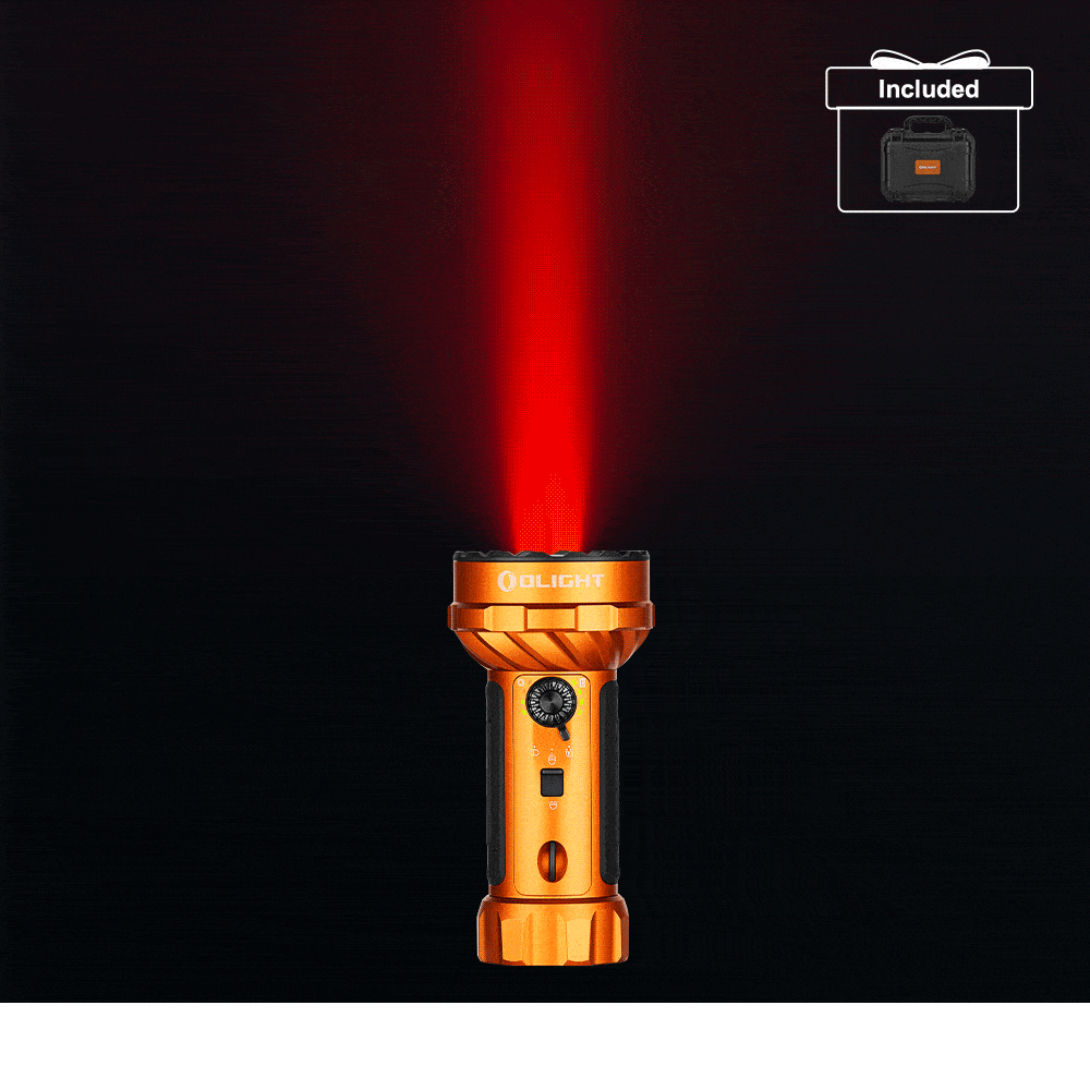 Olight Orange Marauder Mini 2 Flashlight with Red Laser Beam, ideal for outdoor exploration and tactical applications.