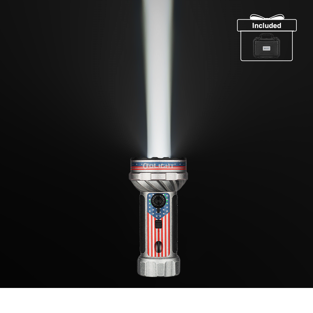 Olight USA flag edition powerful flashlight with bright white beam and included carrying case on black background