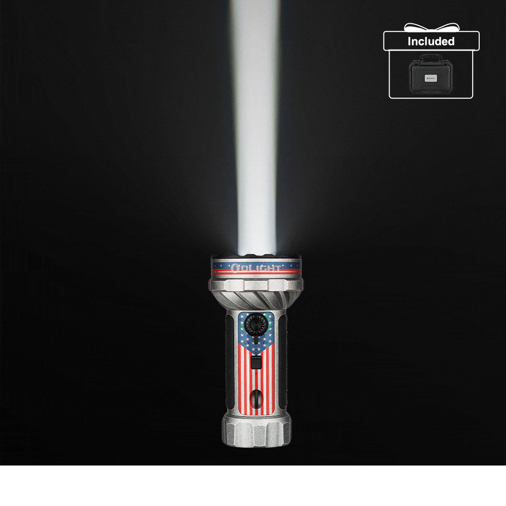 Olight Blue Marauder Mini 2 Kit with case, charger, and lanyard, a powerful LED flashlight for outdoor adventures