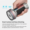Hand rotating rotary knob switch on patriotic USA theme flashlight showcasing smart lockout and easy unlocking feature