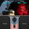 Outdoor flashlight with American flag design showing 200-lumen side light and 400-lumen red light settings