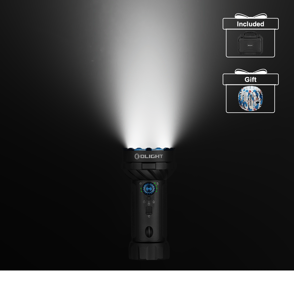 Olight Marauder Mini 2 Flashlight illuminating a dark space with a bright beam for search and rescue.