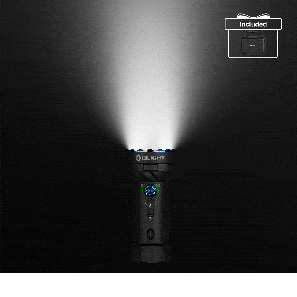 Olight Black Marauder Mini 2 Flashlight Head-on View with Bright Beam for Outdoor Adventure and Tactical Use