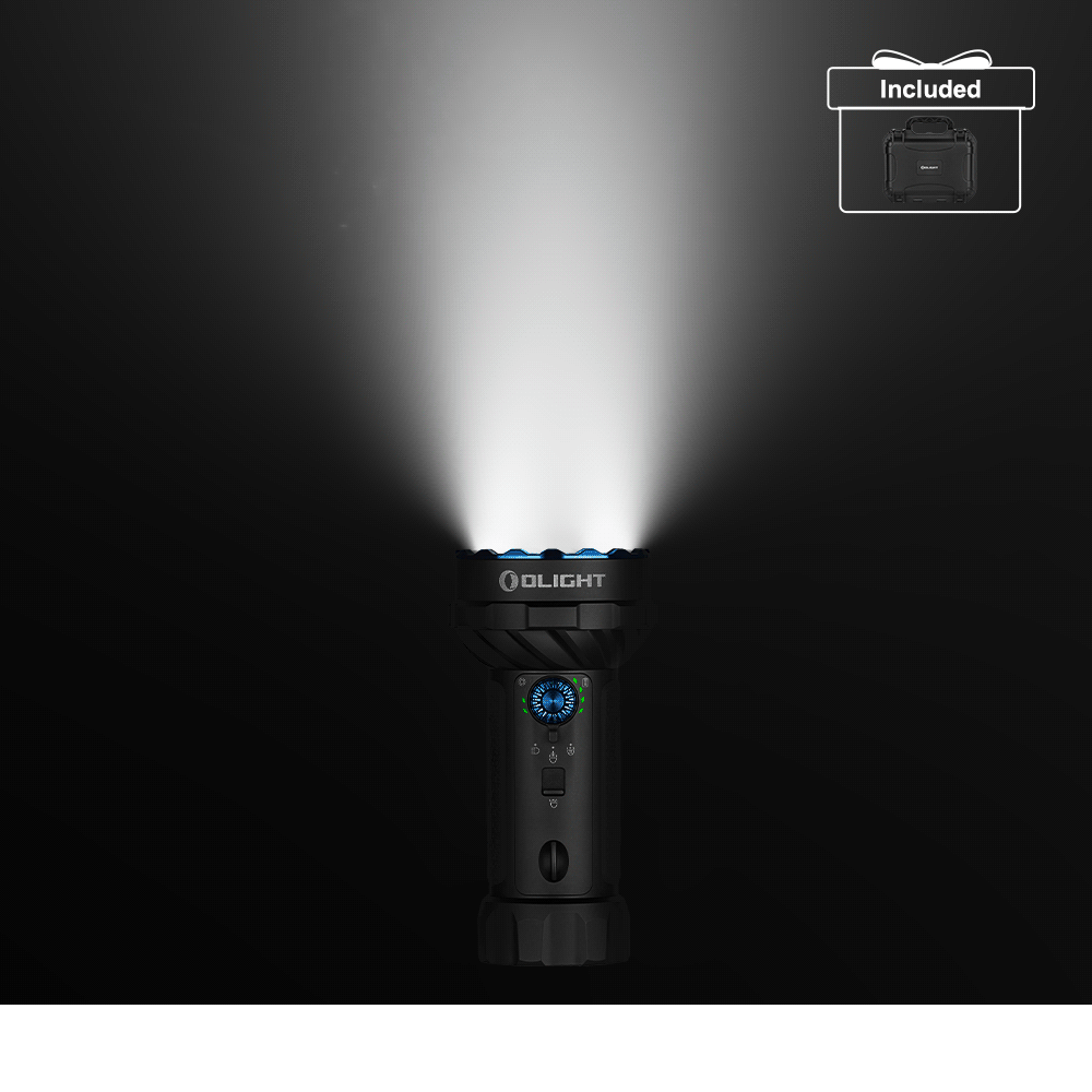 Olight Black Marauder Mini 2 Flashlight Front View with Bright Beam for General Illumination