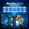 Olight Black, Blue, and Orange Marauder Mini 2 flashlights showcasing floodlight, spotlight, and red light modes for outdoor use.