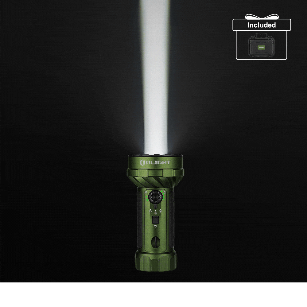 Olight Blue Marauder Mini 2 Kit with case, charger, and lanyard, a powerful LED flashlight for outdoor adventures