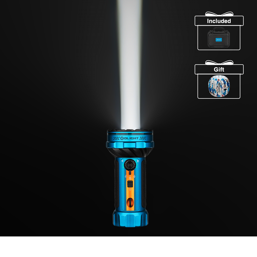Olight Blue Marauder Mini 2 Flashlight with Beam Pattern and Included Accessories for Outdoor Lighting