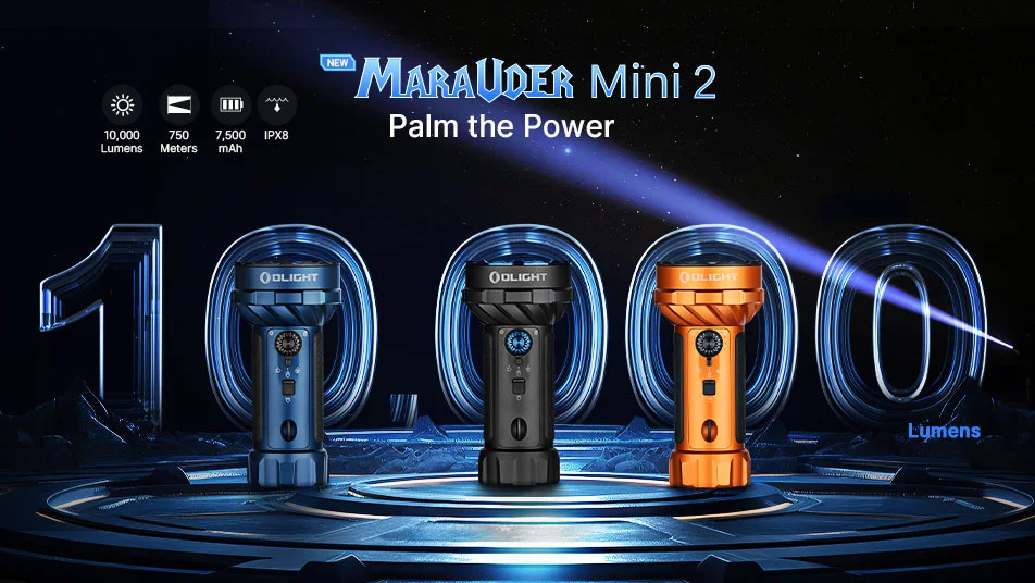 Olight Marauder Mini 2 flashlights (blue, black, orange). 10,000 lumens, 750m throw, 7500mAh battery, IPX8.