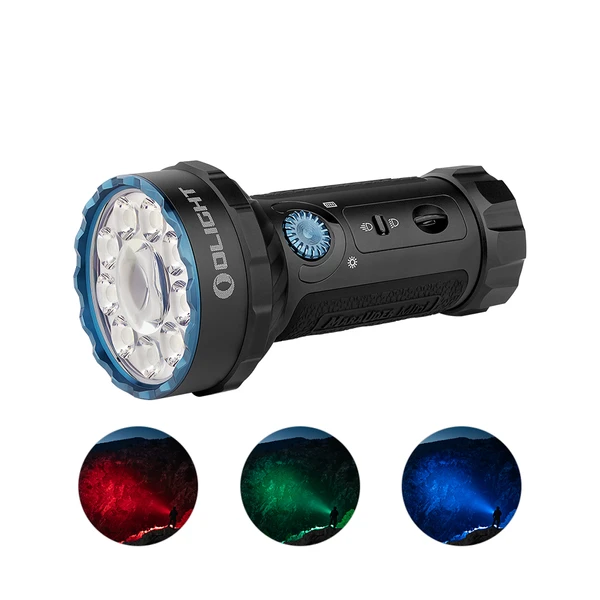 Olight Black Marauder Mini multi-LED flashlight with blue accents, side controls, and multi-color output for outdoor use