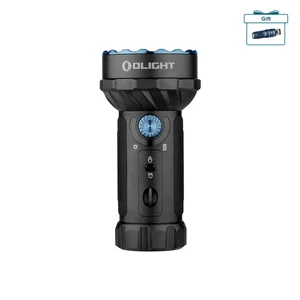 Olight Black Marauder Mini Flashlight Three-Quarter View with Blue Bezel and Rotary Knob for Search and Rescue