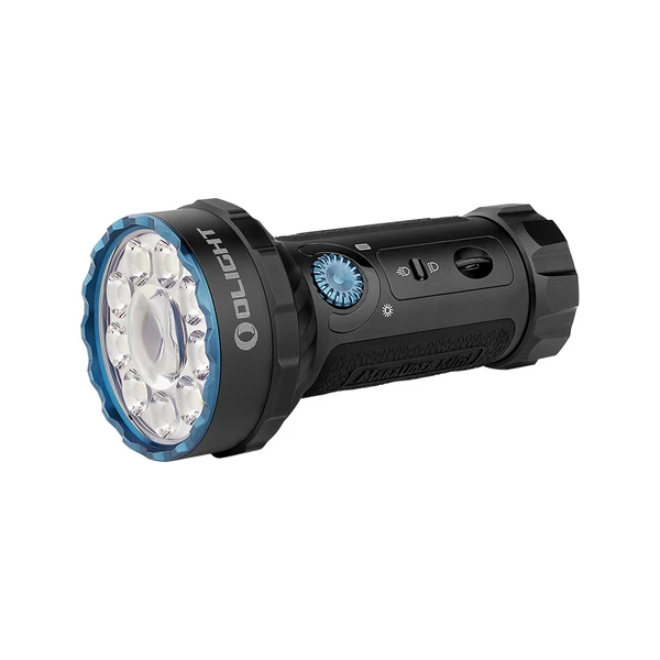Olight Black Marauder Mini Flashlight Three-Quarter View with Blue Bezel and Rotary Knob for Search and Rescue