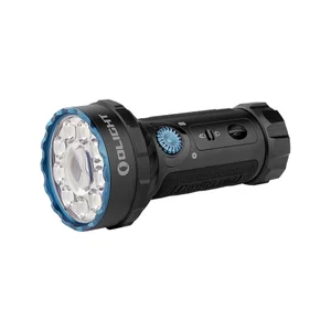Olight Marauder Mini black multi-LED flashlight with blue bezel, showcasing powerful white and RGB colored light for outdoor use.