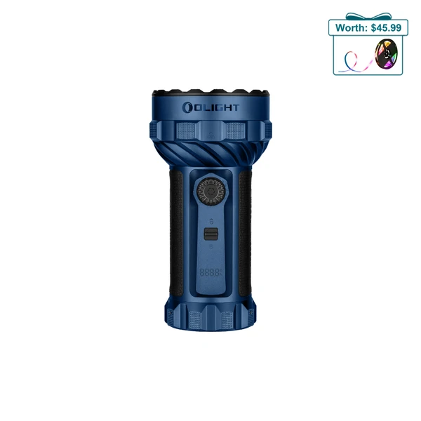 Olight Blue Marauder 2 Powerful Flashlight Front View with Rotary Switch Knob and Digital Display for Search and Rescue