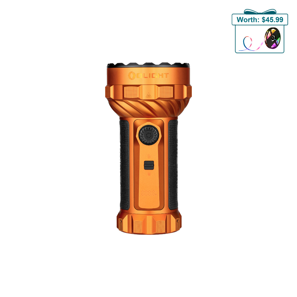 Olight Orange Marauder 2 Powerful Flashlight Front View with Rotary Switch Knob and Grip for Search and Rescue Outdoor Use