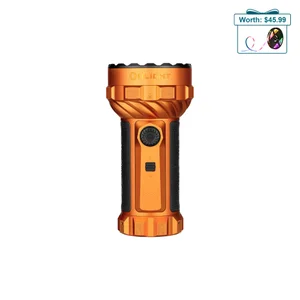 Olight Orange Marauder 2 Powerful Flashlight Front View with Rotary Switch Knob and Grip for Search and Rescue Outdoor Use