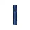 Blue tactical flashlight with textured grip, side button, and rugged bezel.