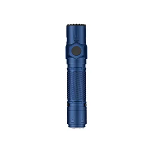 Olight Warrior Ultra metallic blue tactical flashlight with textured grip and free gift offer icon.
