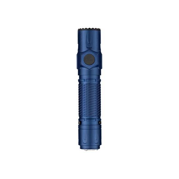 Blue tactical flashlight with textured grip, side button, and rugged bezel.