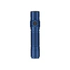 Blue tactical flashlight with textured grip, side button, and rugged bezel.