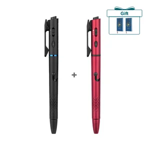 Black and red tactical pen with integrated flashlight, laser, and emergency window breaker. Bonus notebook gift.