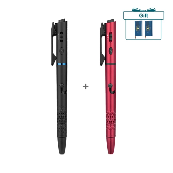 Black and red tactical pen with integrated flashlight, laser, and emergency window breaker. Bonus notebook gift.