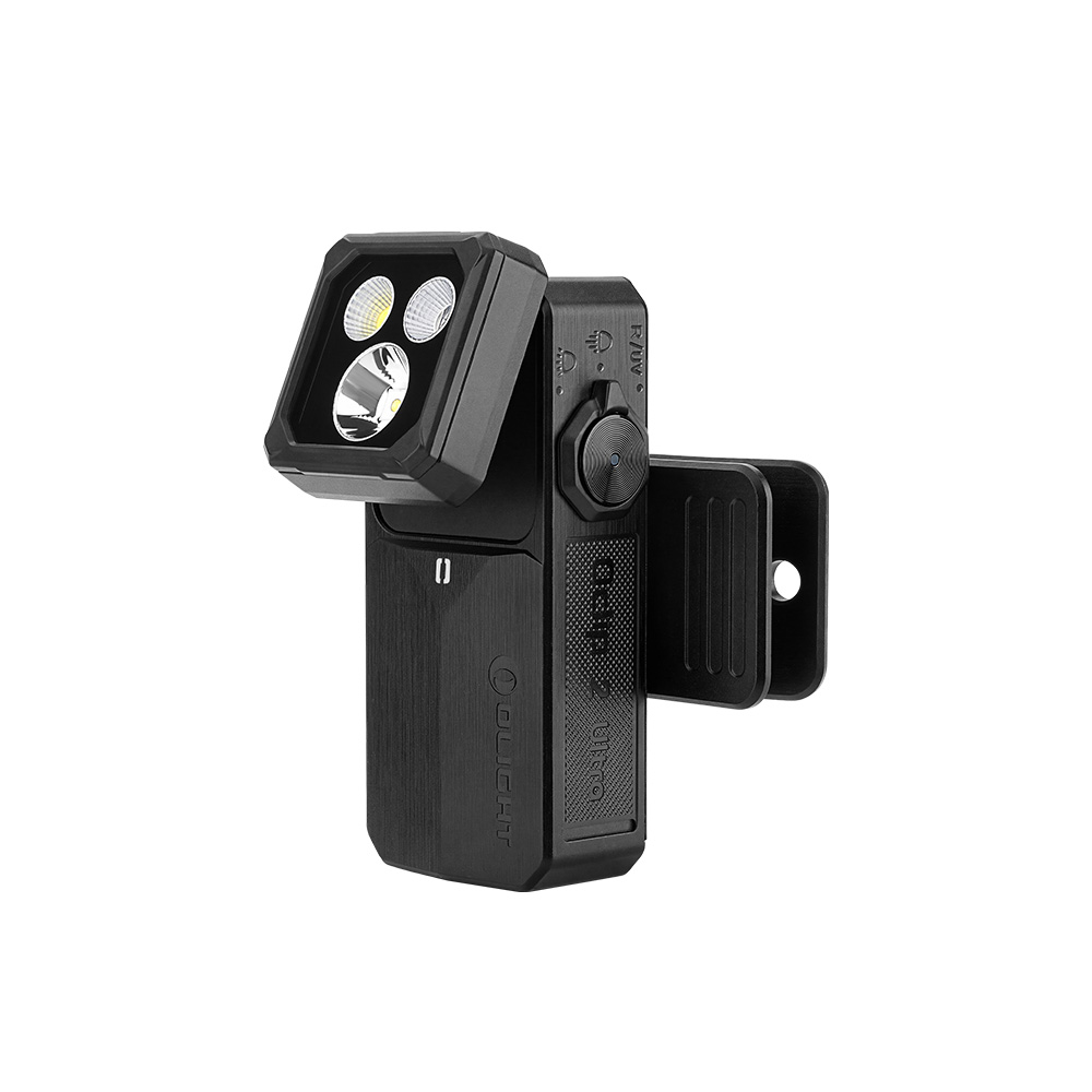 Olight Oclip 2 Ultra black clip-on light with tiltable square LED head isolated on white background