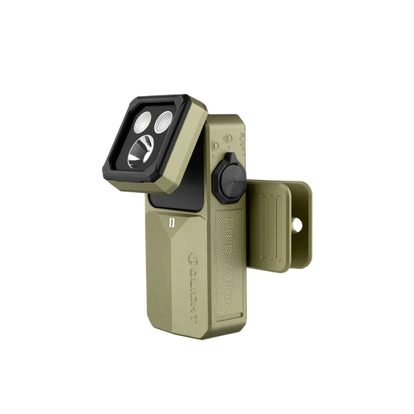 Olight olive green EDC clip light with adjustable tilting head and multi-source LEDs on a white background