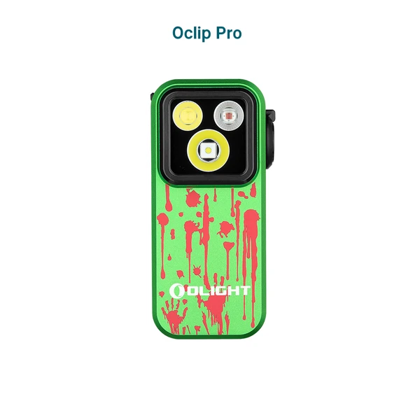 Olight Green Oclip Pro Halloween Edition with Red Splatter Paint Design and Three Light Modes for Everyday Carry