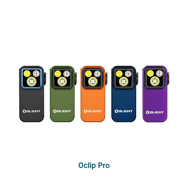 Olight Oclip Pro Clip-on Flashlights in Black Green Orange Blue Purple Front View with Dual Light Source for EDC and Hiking