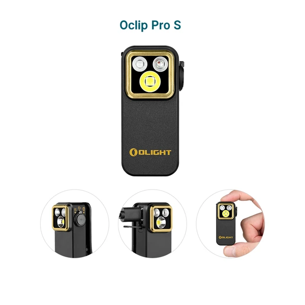 Olight Black Oclip Pro S front view, compact with clip and spotlight for everyday carry and outdoor use