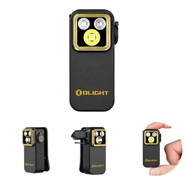 Olight Black Oclip Pro LED light and gold bezel for hands-free illumination