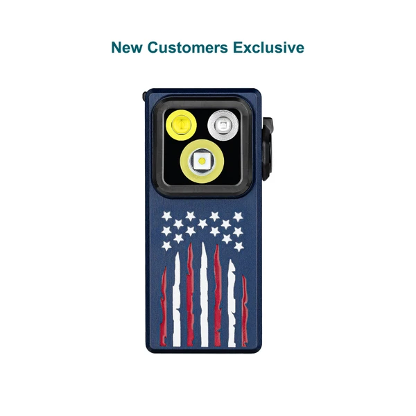 Olight Blue Oclip Ultra Front View with American Flag Design for Everyday Carry and Illumination