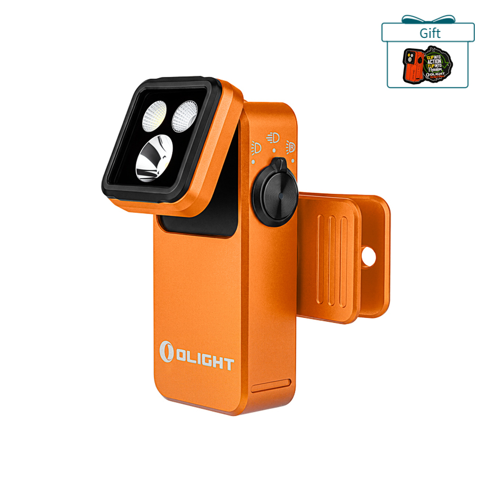 Olight Orange Oclip Clip-on Light Side View with Adjustable LED Head and Durable Pocket Clip for Outdoor EDC Use