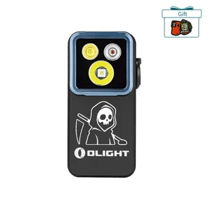 Black Olight Oclip Clip-on Light with Grim Reaper Graphic Front View Dual Light Source for Hands-Free Outdoor Use