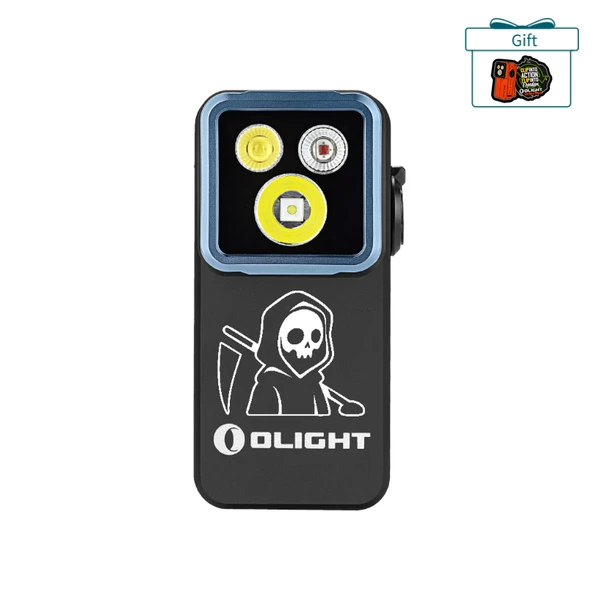 Black Olight Oclip Clip-on Light with Grim Reaper Graphic Front View Dual Light Source for Hands-Free Outdoor Use