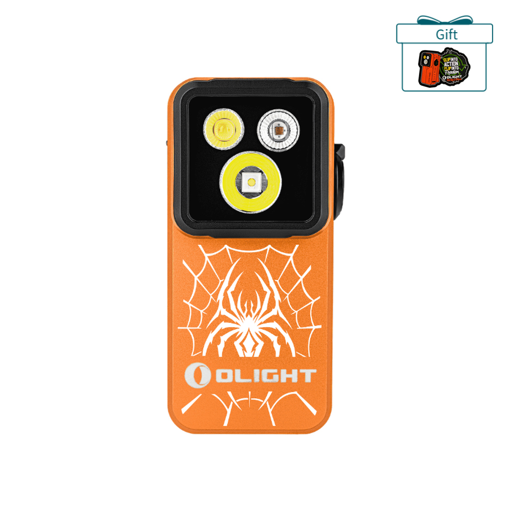 Olight Orange Oclip Clip-on Light Front View with Spider Web Pattern and Triple LED for Outdoor EDC and Hands-Free Use