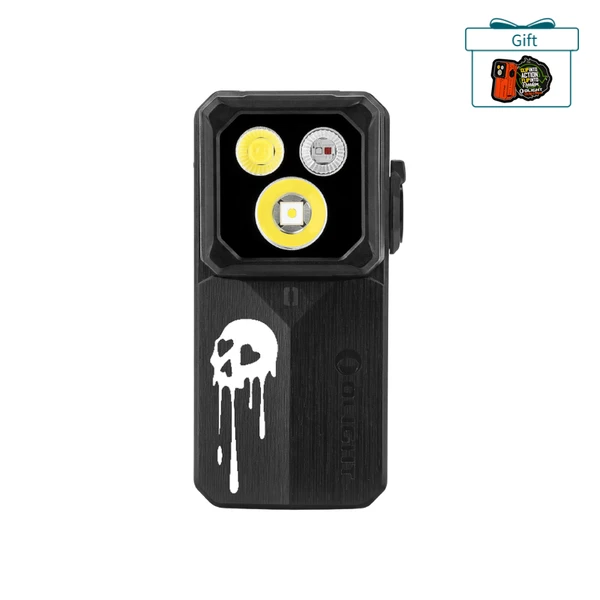 Olight black EDC flashlight with dripping skull graphic and multi LED lights on white background
