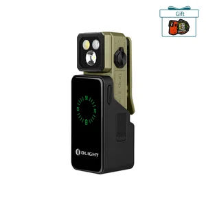 Olight Olive Drab Oclip Light Mounted on Black Charging Case with Digital Battery Indicator for Outdoor EDC Use